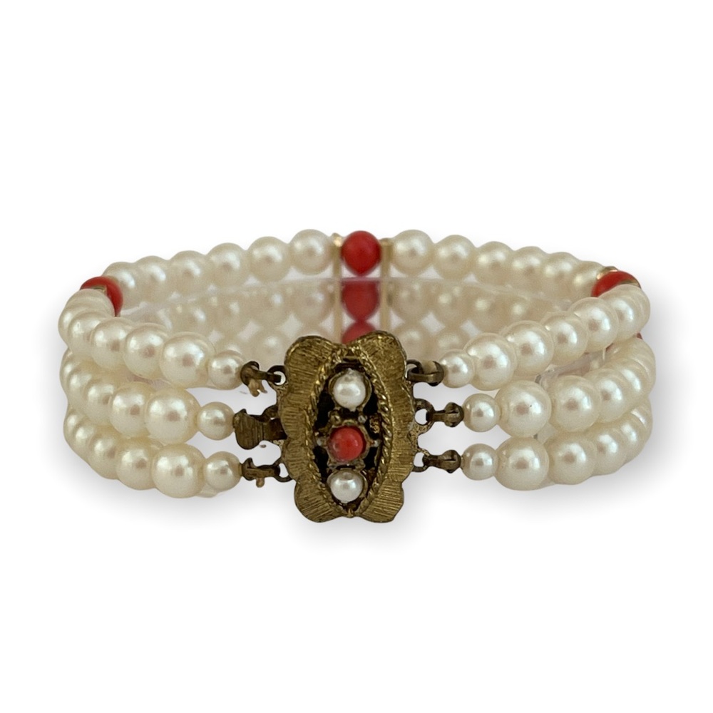 Vintage faux red coral pearl gold tone bracelet